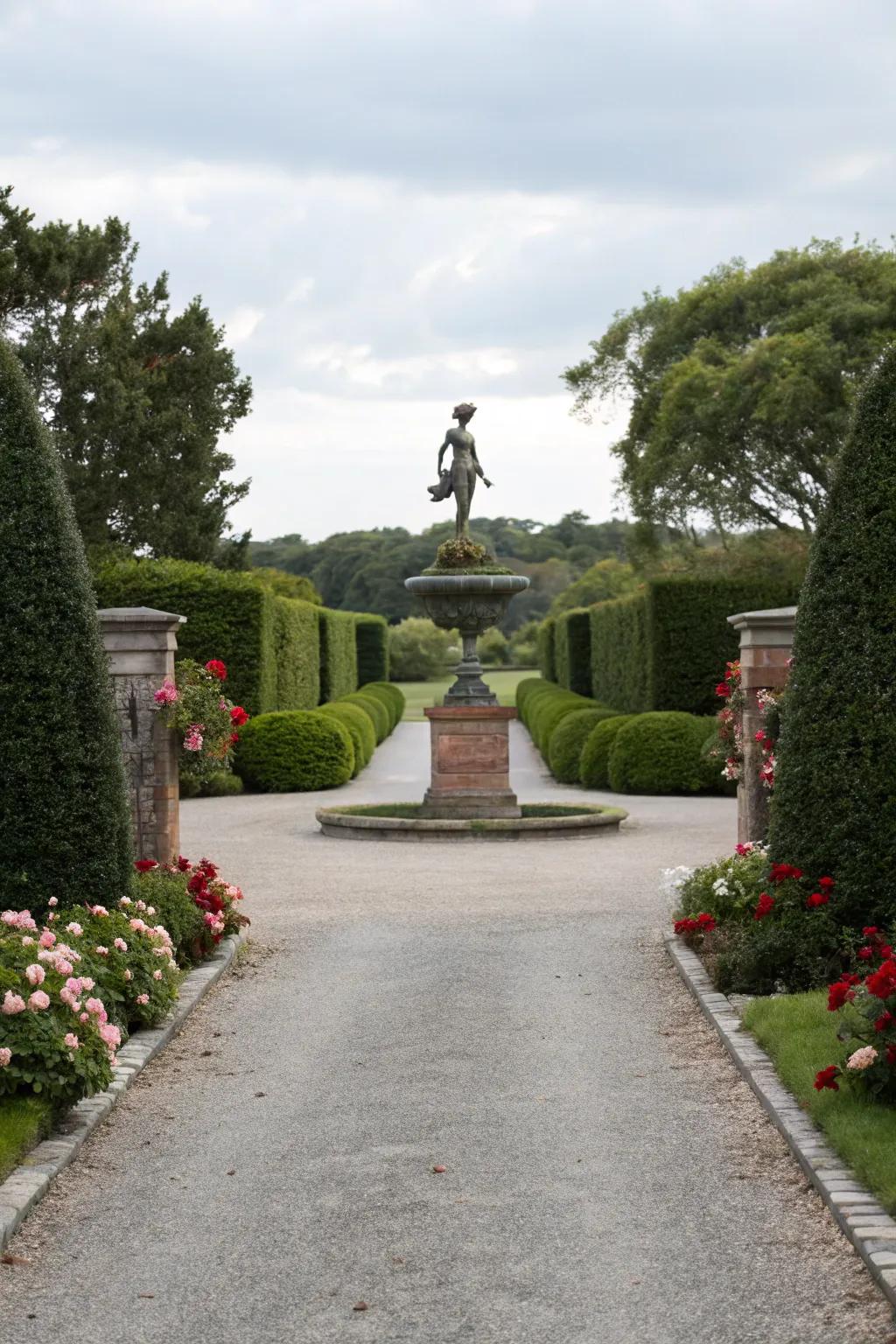 A central sculpture adds an artistic touch to this driveway entry.