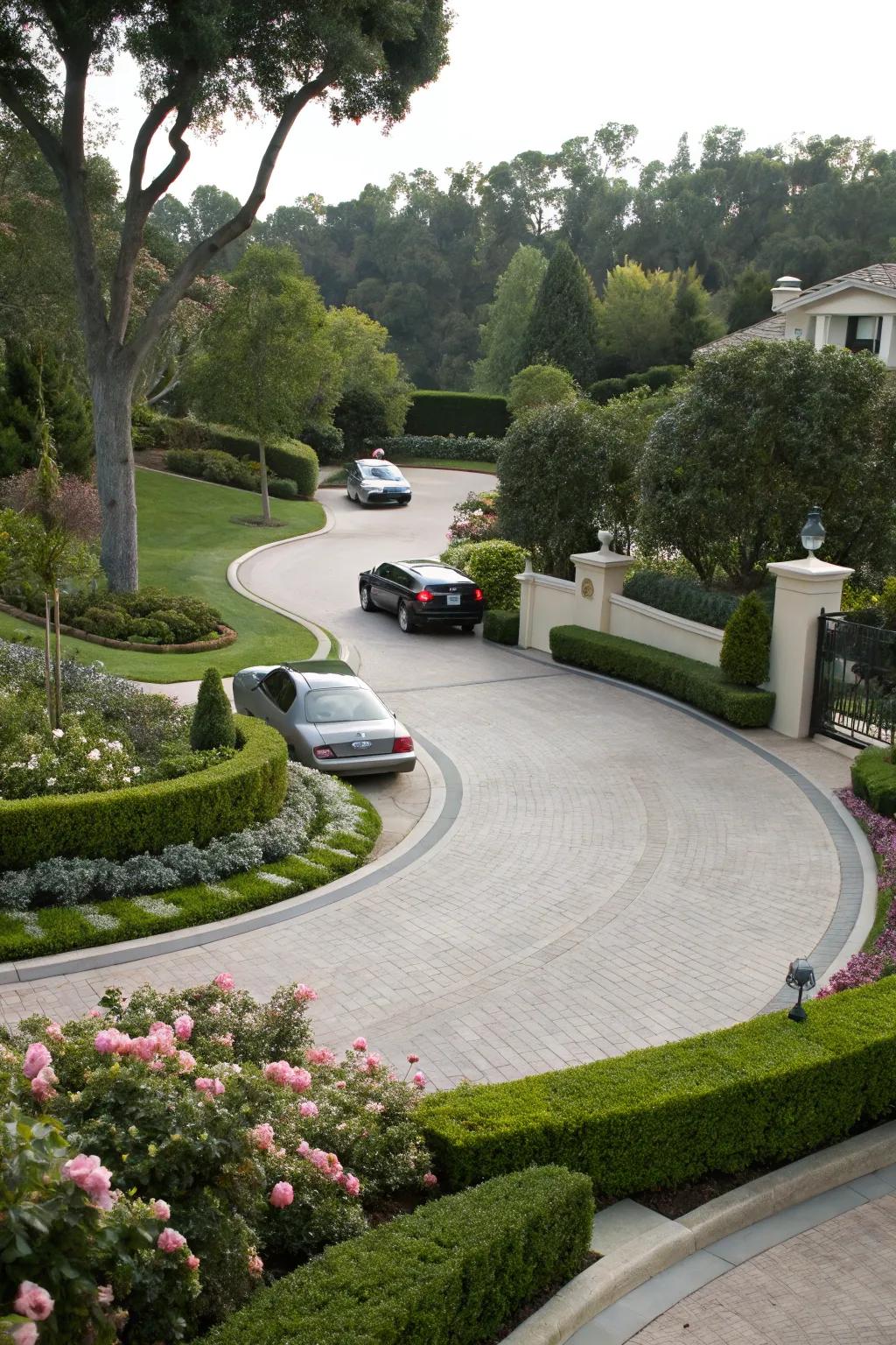 A singular teardrop driveway layout showcasing refined curves.