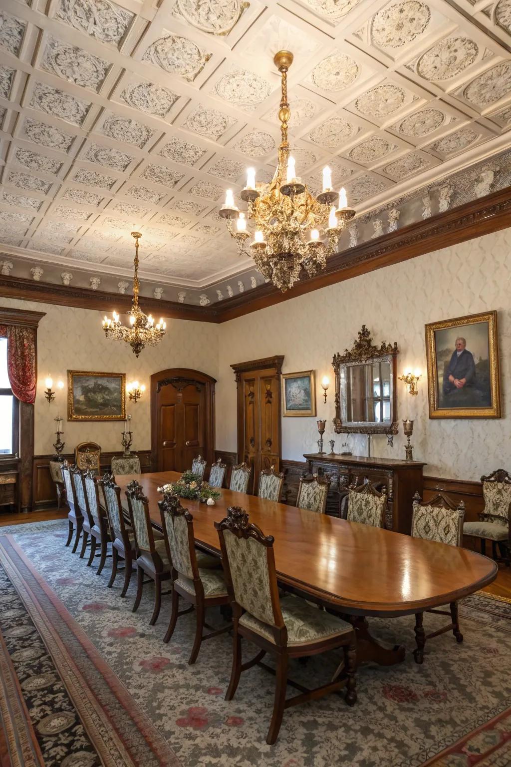 Vintage charm highlighted by antiqued ceiling squares.