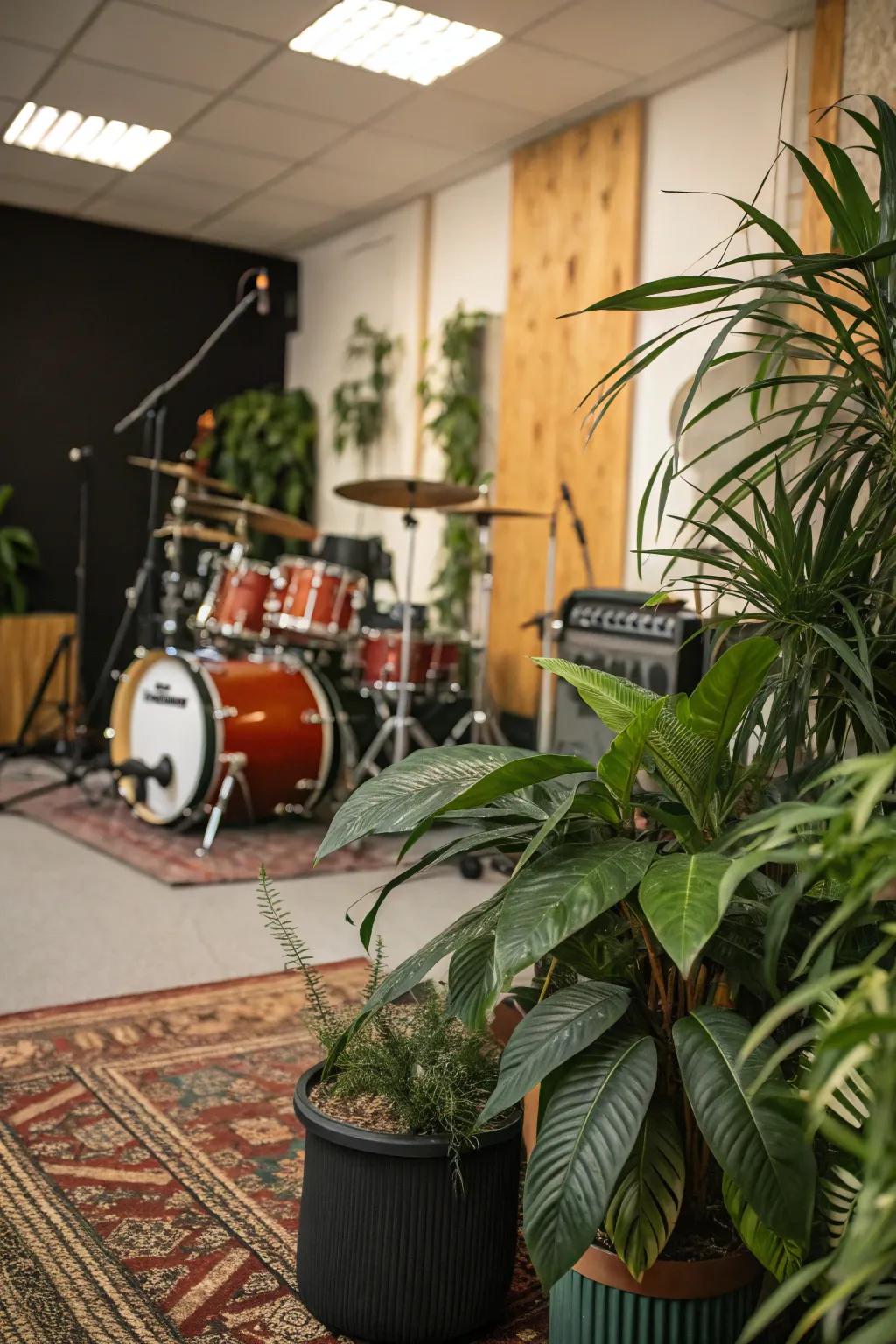 Indoor plants enhance the mood and freshness of your drum room.