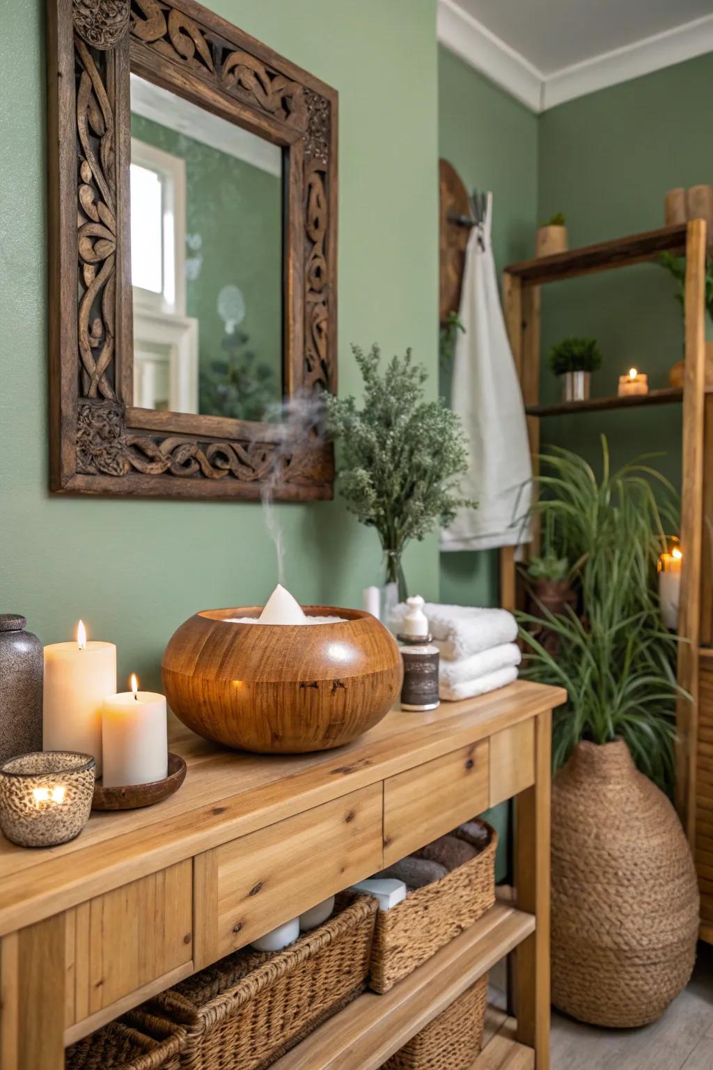 Scent elements contribute to a soothing and organic bathroom vibe.
