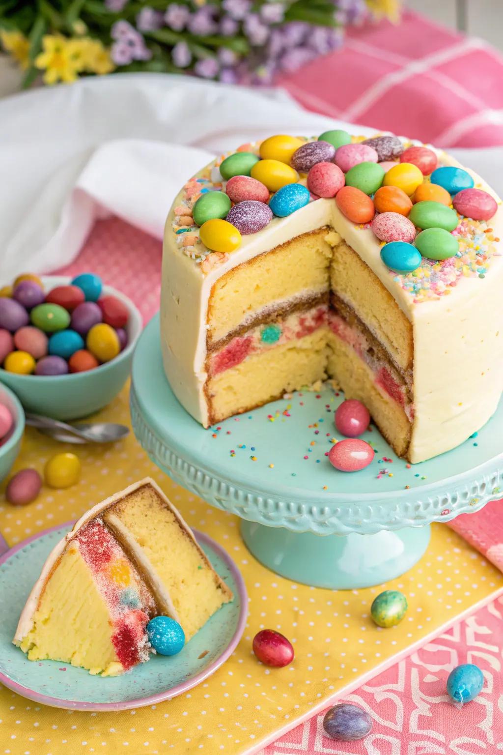 A surprise interior this cake introduces an aspect of amusement.