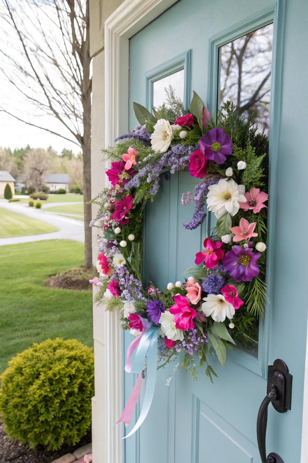 A spring bloom wreath adds a vibrant and delicate allure.