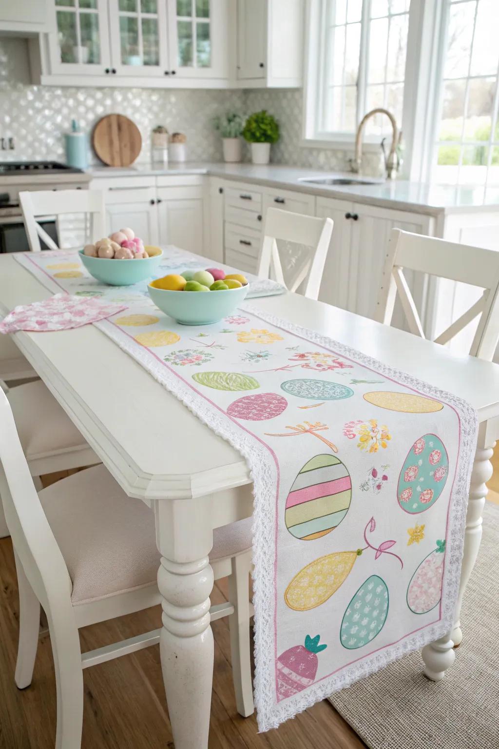 An Easter table path infuses tint and charm into the kitchen's arrangement.