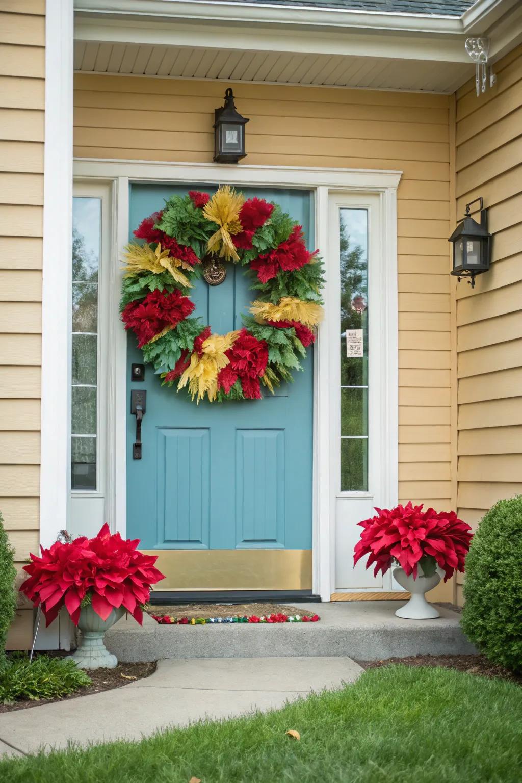 Welcome visitors using a vibrant crepe paper twig circle.