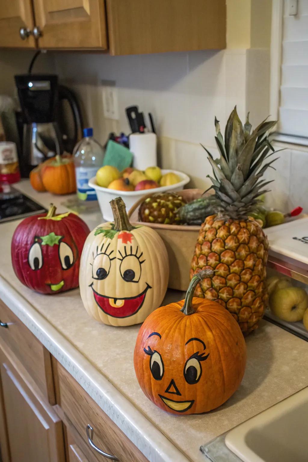 Playful berry expressions introduce a lighthearted and unexpected alteration to Halloween pumpkin ornamentation.