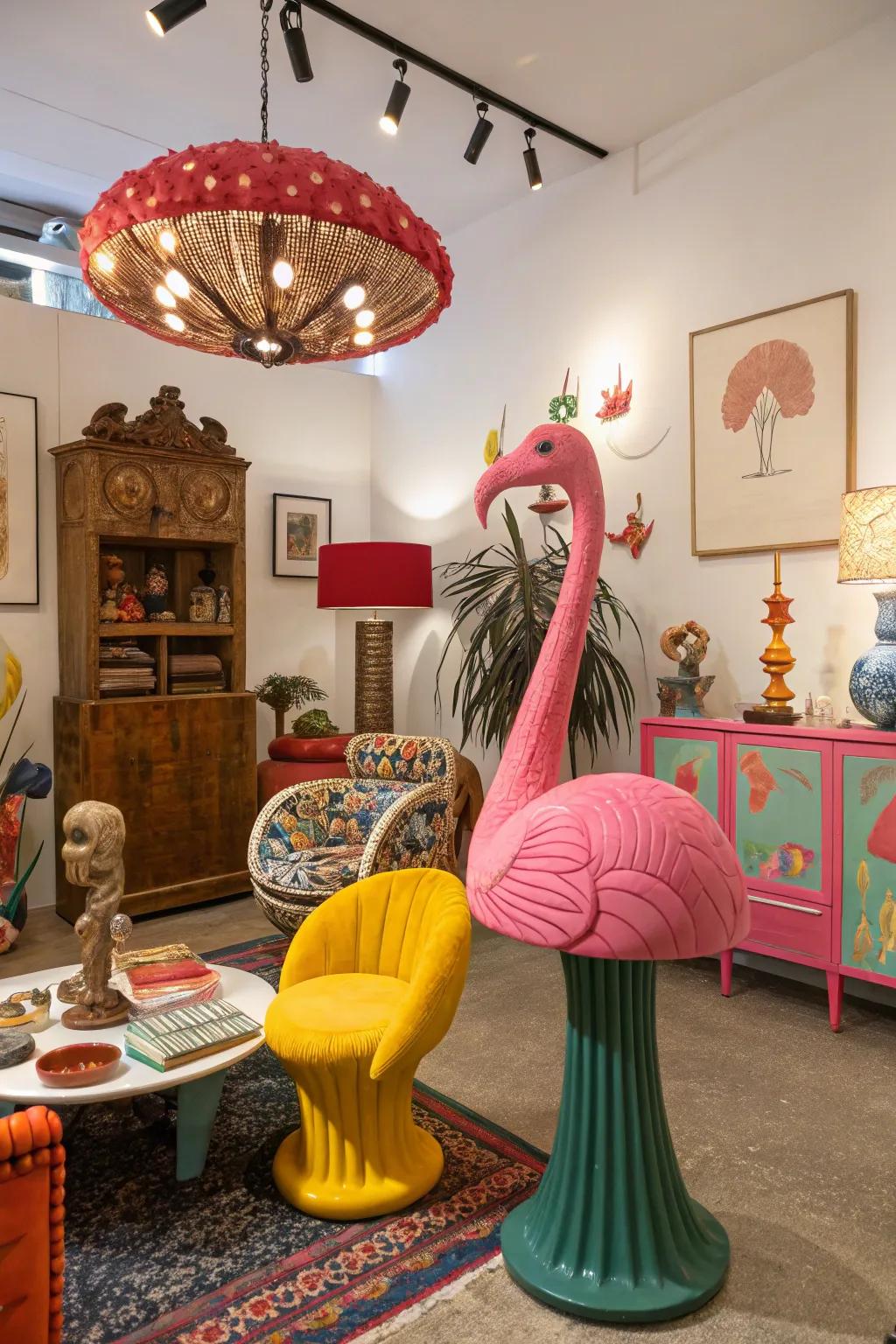 Eccentric items add pizzazz to this eclectic room.
