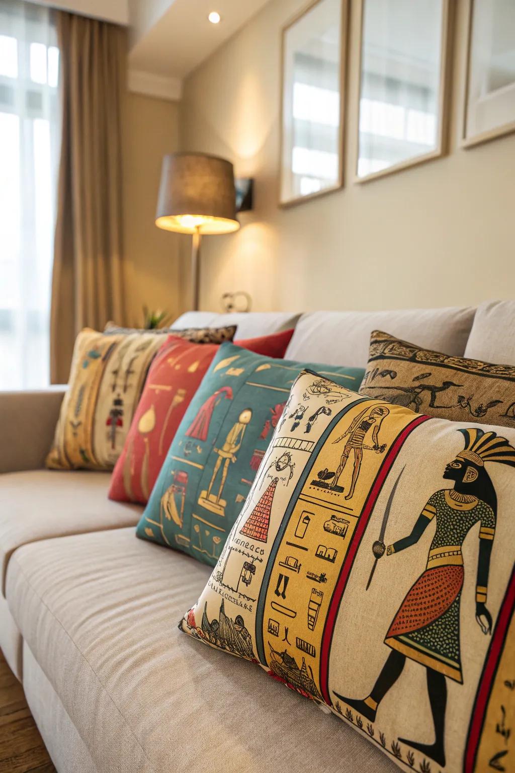 Pillows that feature Egyptian motifs introduce style and identity.