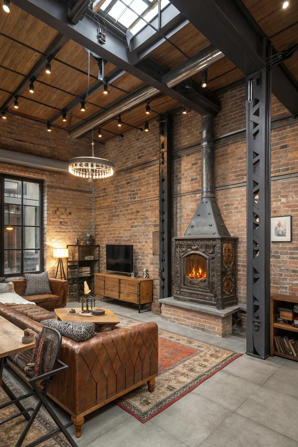 An industrial style living room features exposed brick and metal-accented fireplace.