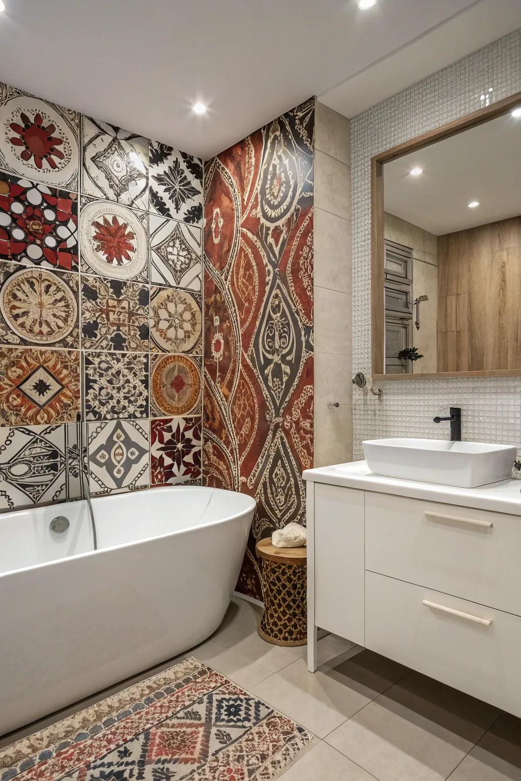 A highlight wall injects personality into this elegant bathroom.