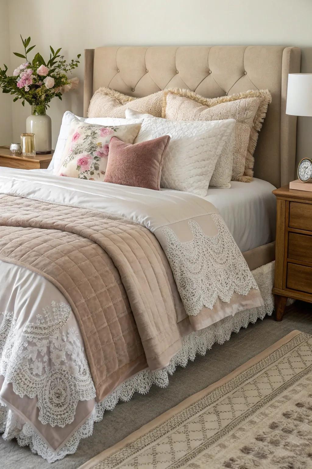 Multi-layered bedding enhances comfort and visual appeal.