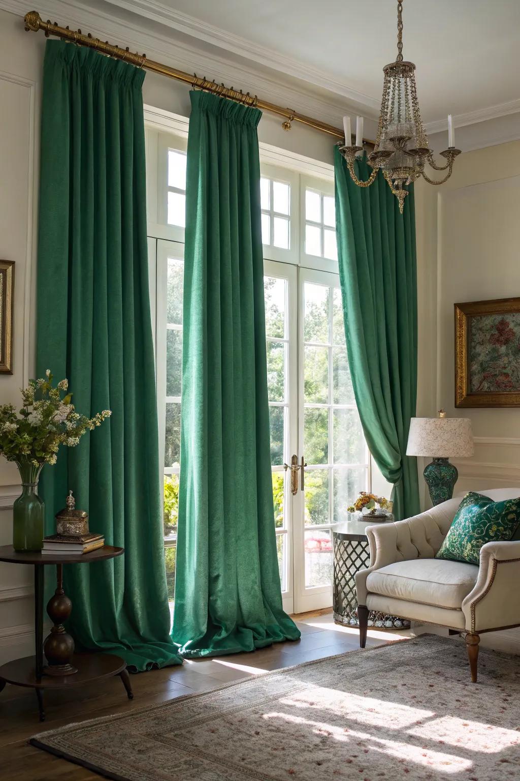 Forest green window hangings frame the living space beautifully.