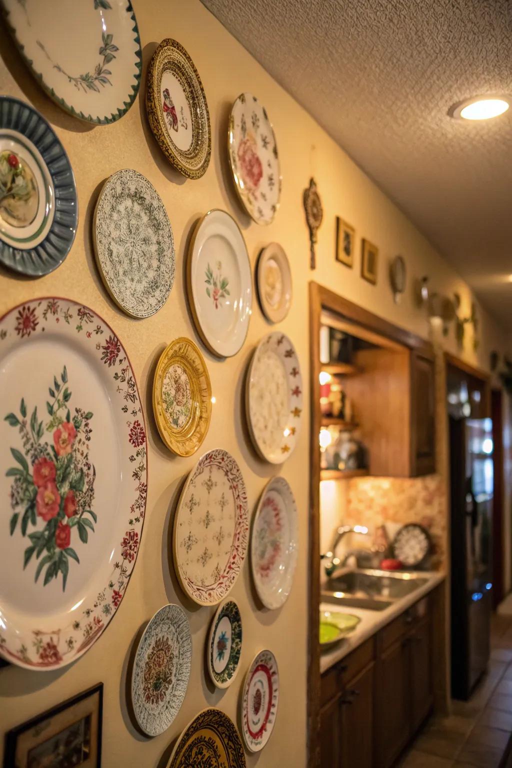 A delightful display of vintage plates adding charm to the space.