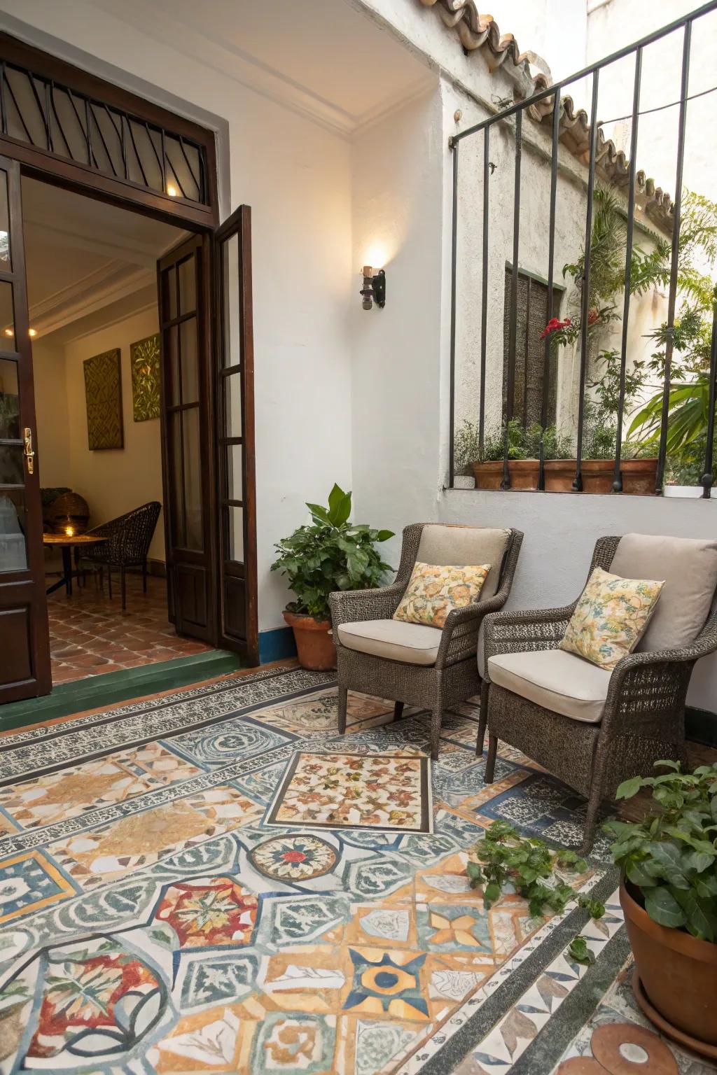 A chic patio showcasing artistic decking that complements the overarching design ethos.
