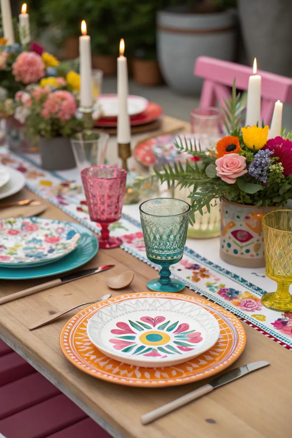 Eclectic dinnerware brings personality to the table settings.