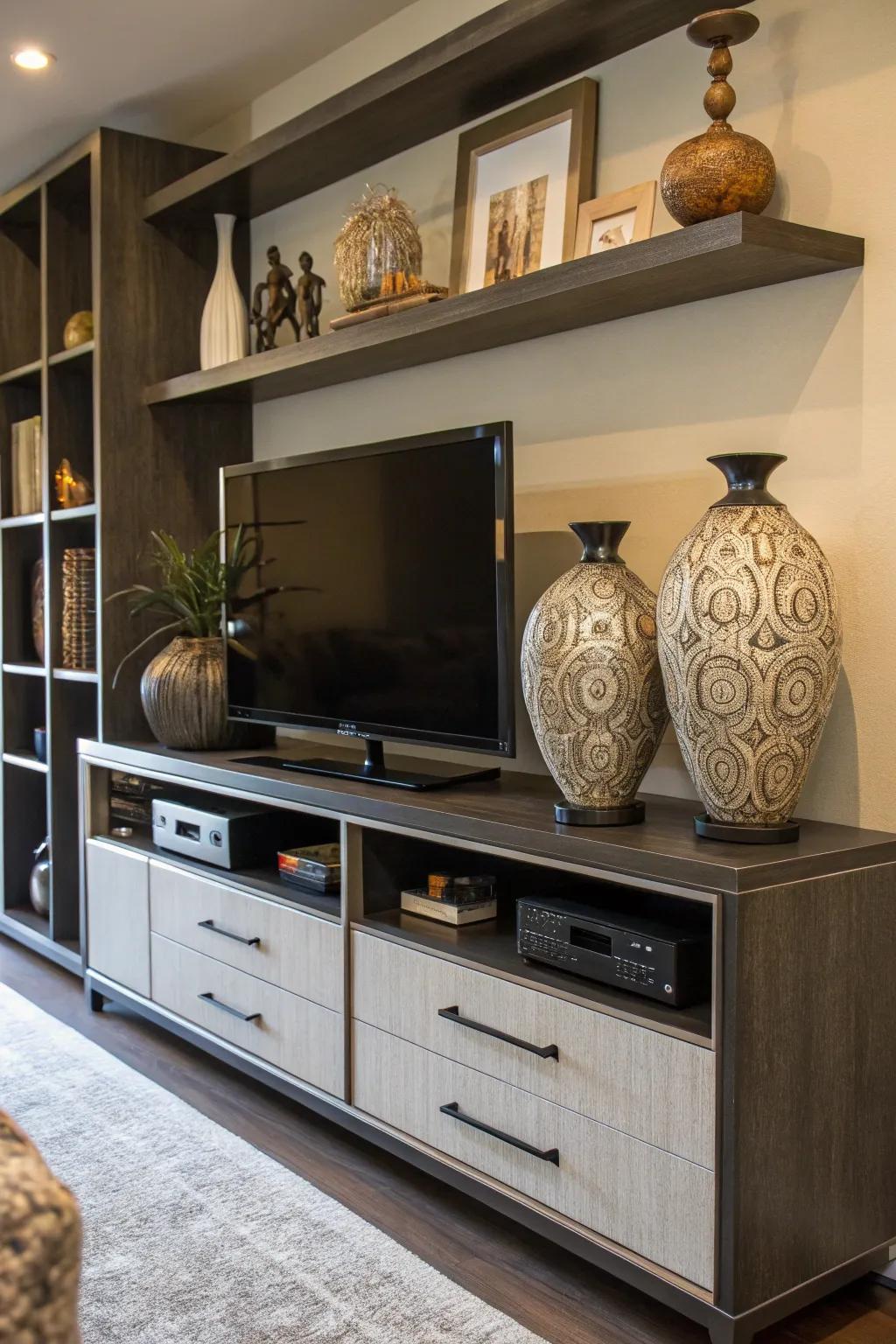 Oversized decor pieces make use of the top space on this entertainment center.