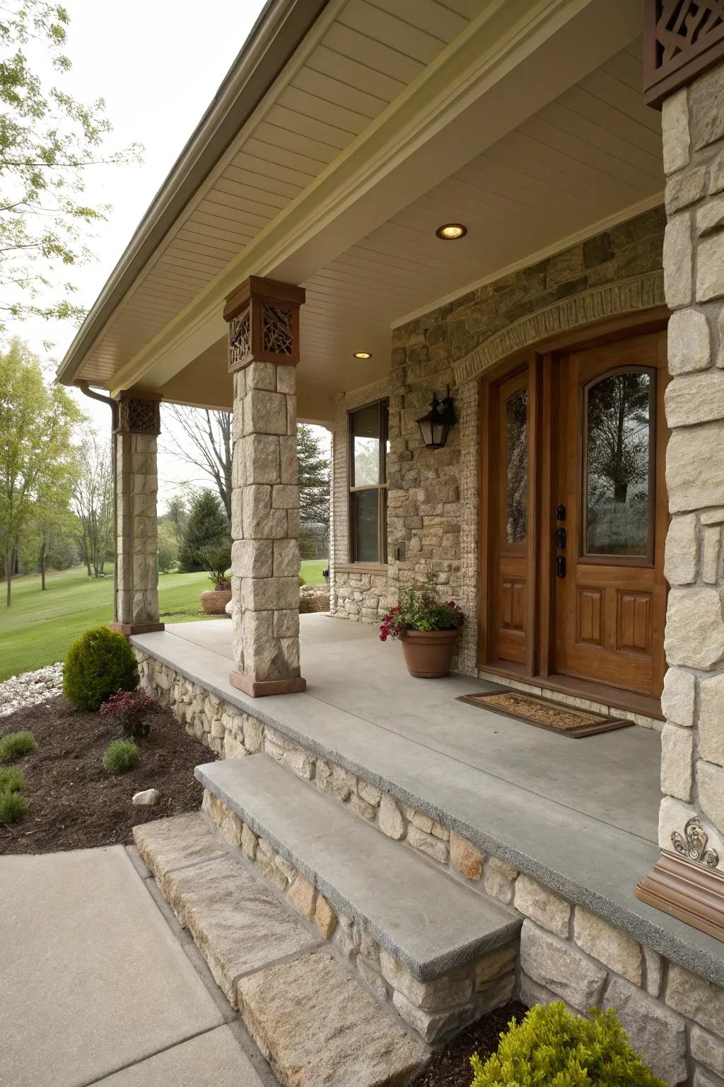 Stone accents contributing harmonious charm to the porch design.