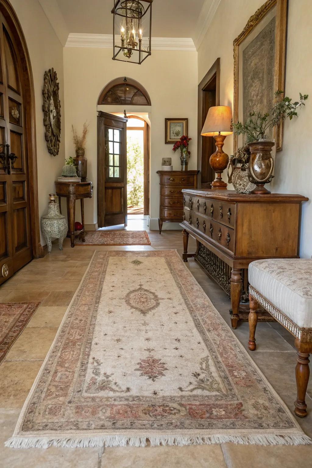 Distressed rugs add character and a timeless feel to any entryway.