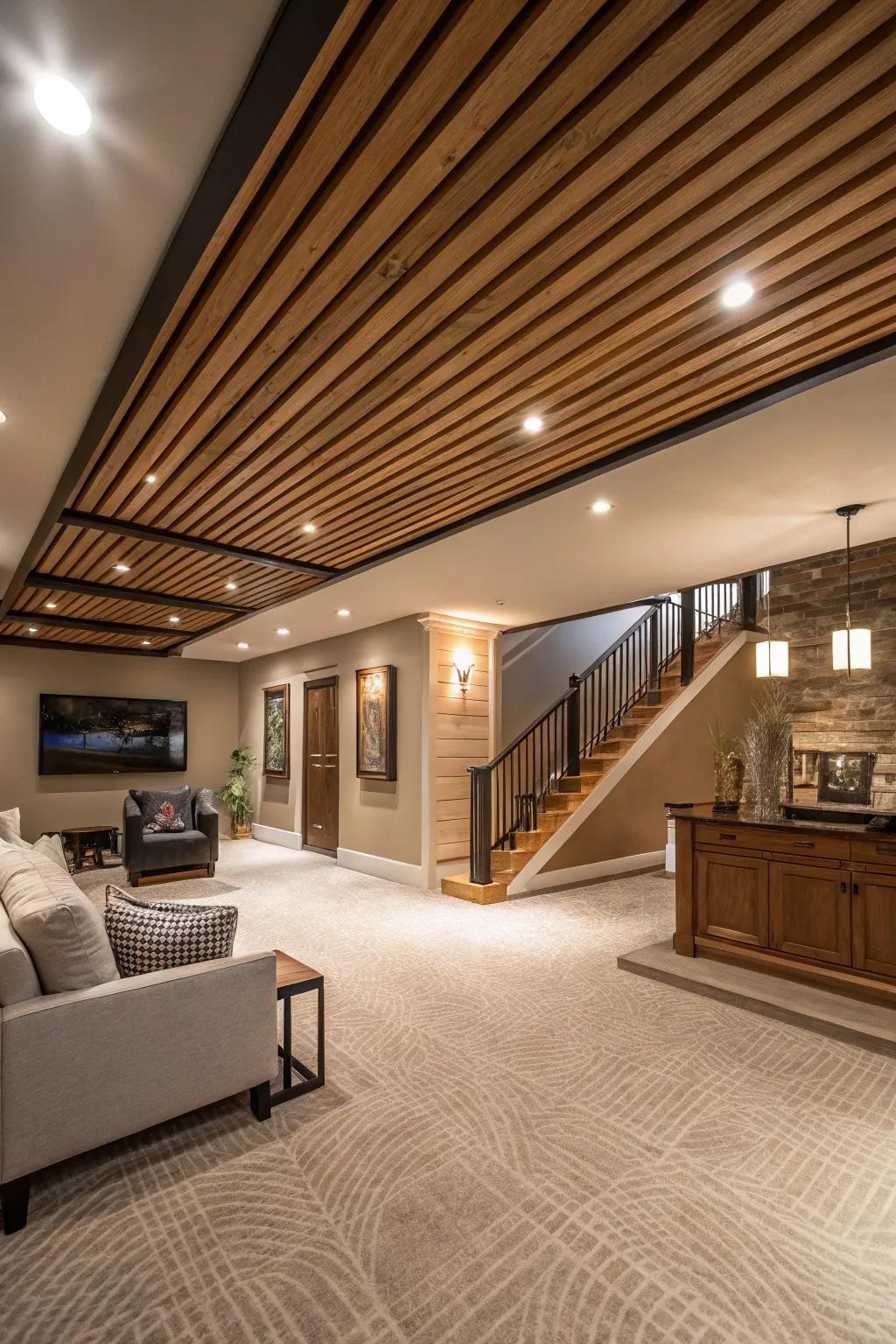 Elegant wood strips make a stylish ceiling design.