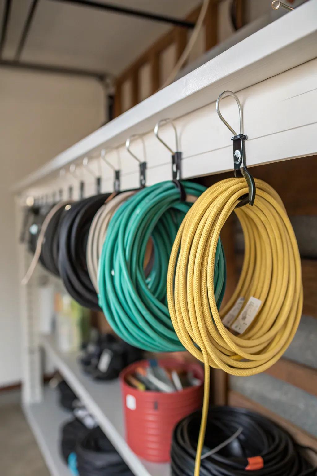Utilize shelf hangers for a hidden yet effective cord storage solution.