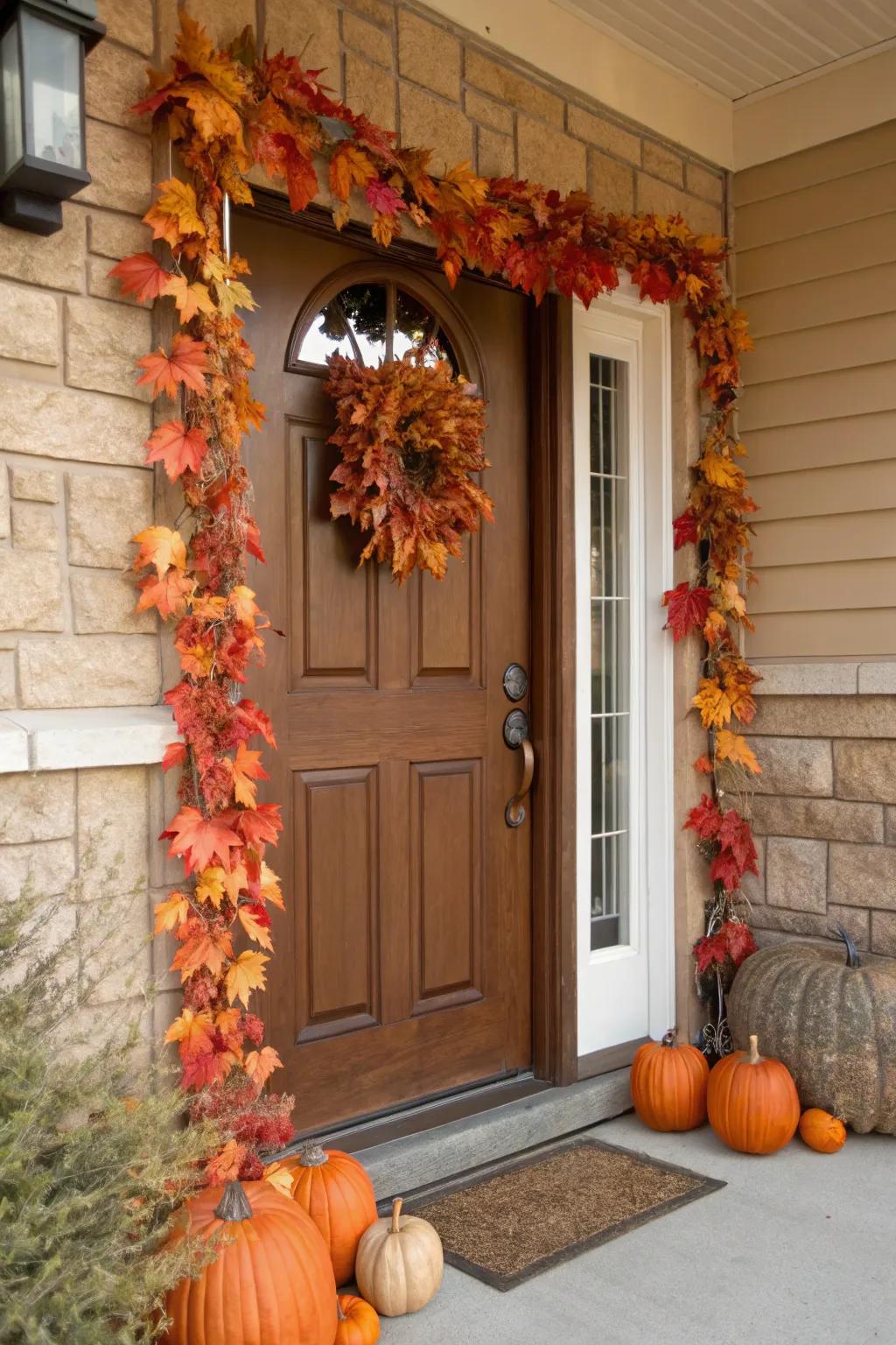 A braid of foliage and gourds incorporates a welcoming touch to entrances.
