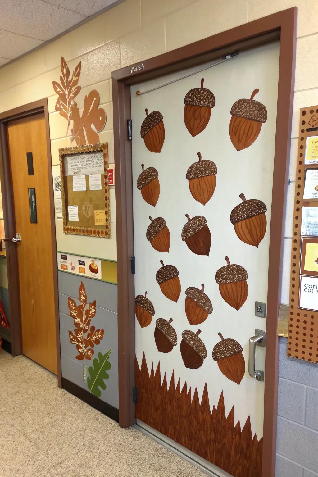 Whimsical acorn entrance decor featuring tactile elements.