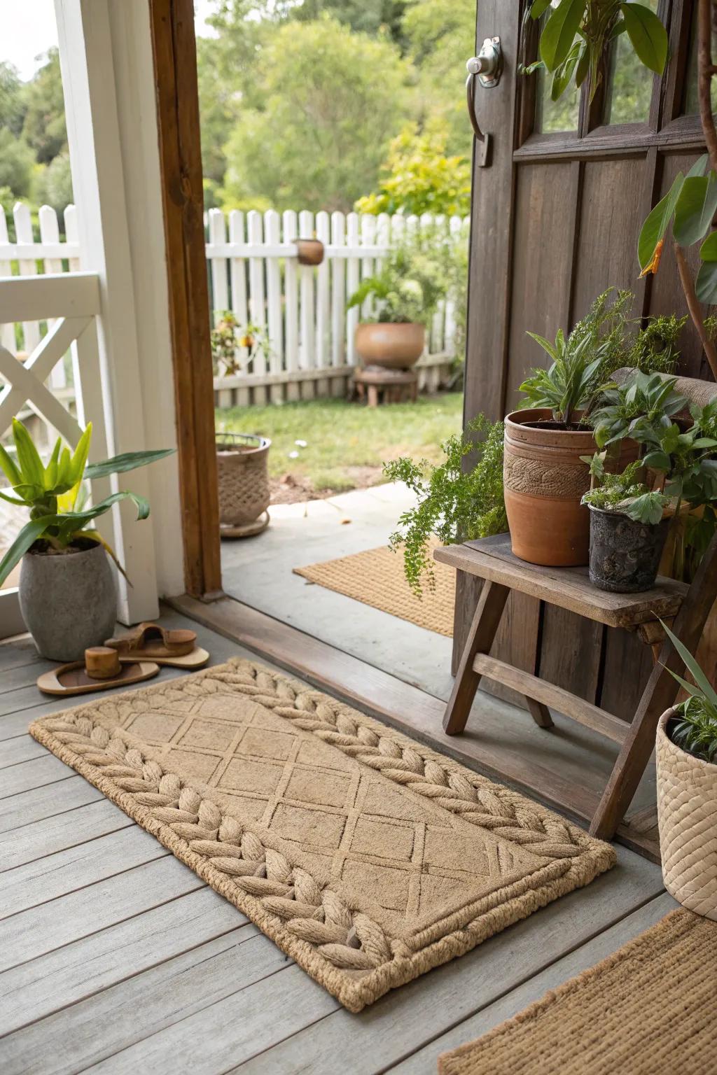 An earthy doormat blending with natural surroundings.