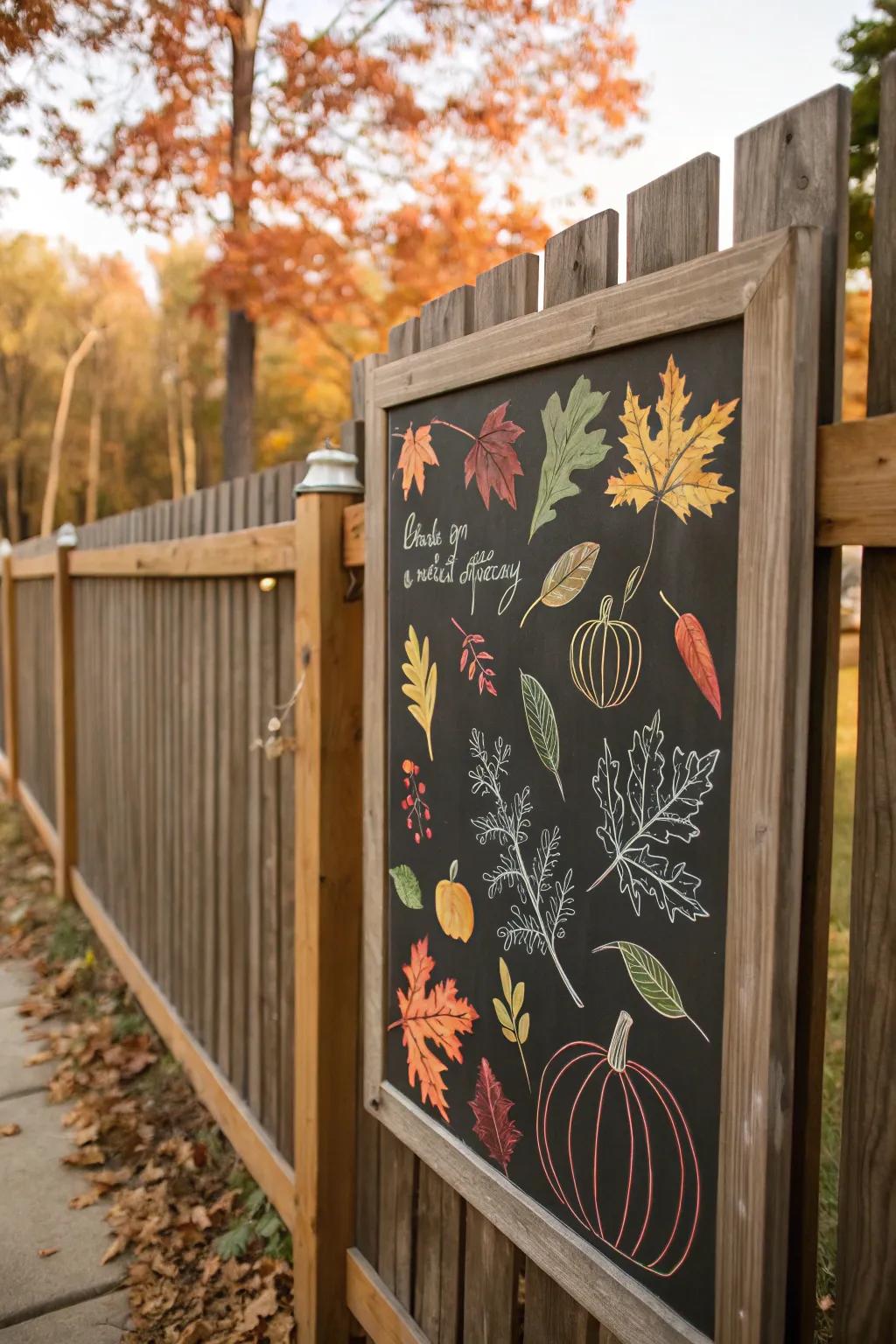A chalkboard with seasonal doodles enhances the charm of a fence.