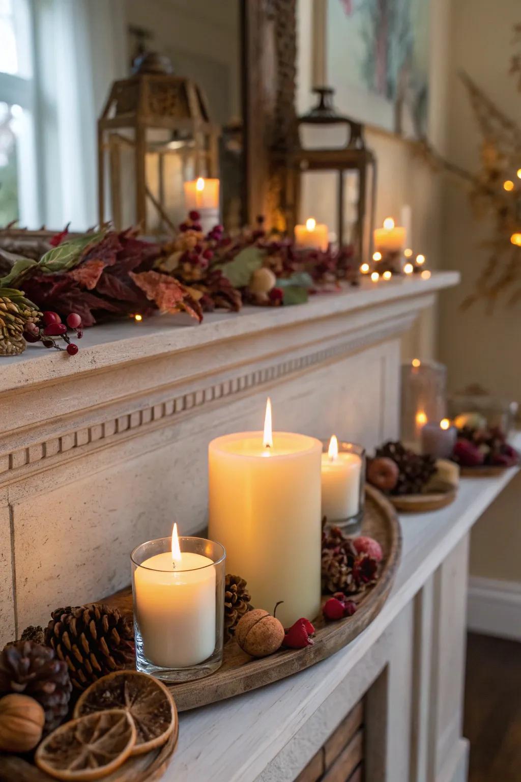 A fall mantel with perfumed tapers and blended petals.