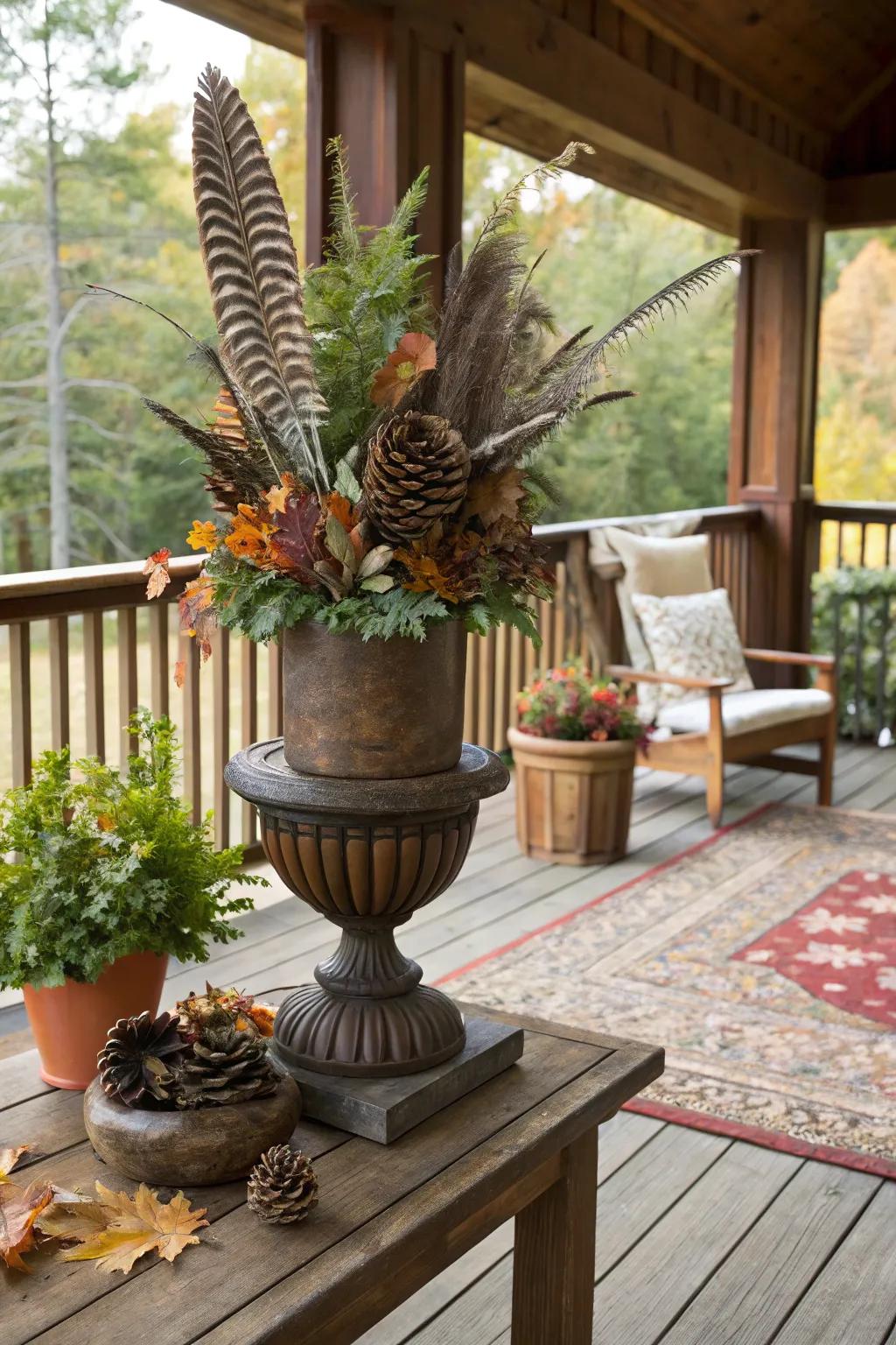 Woodland whimsy with plumes and conelets in a fall container.
