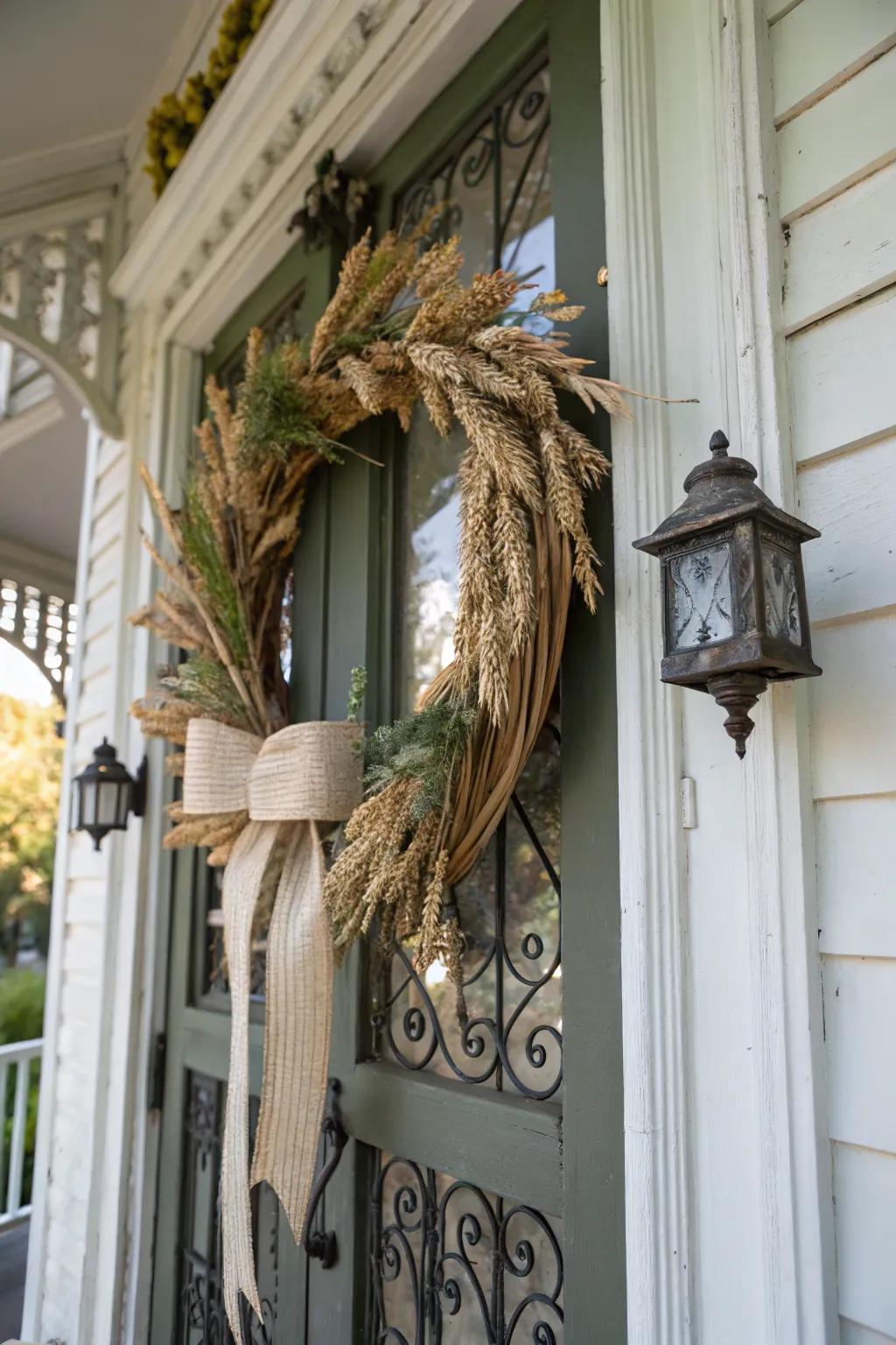 Classic fabric strip and cereal stalks fashion an ageless autumnal wreath.