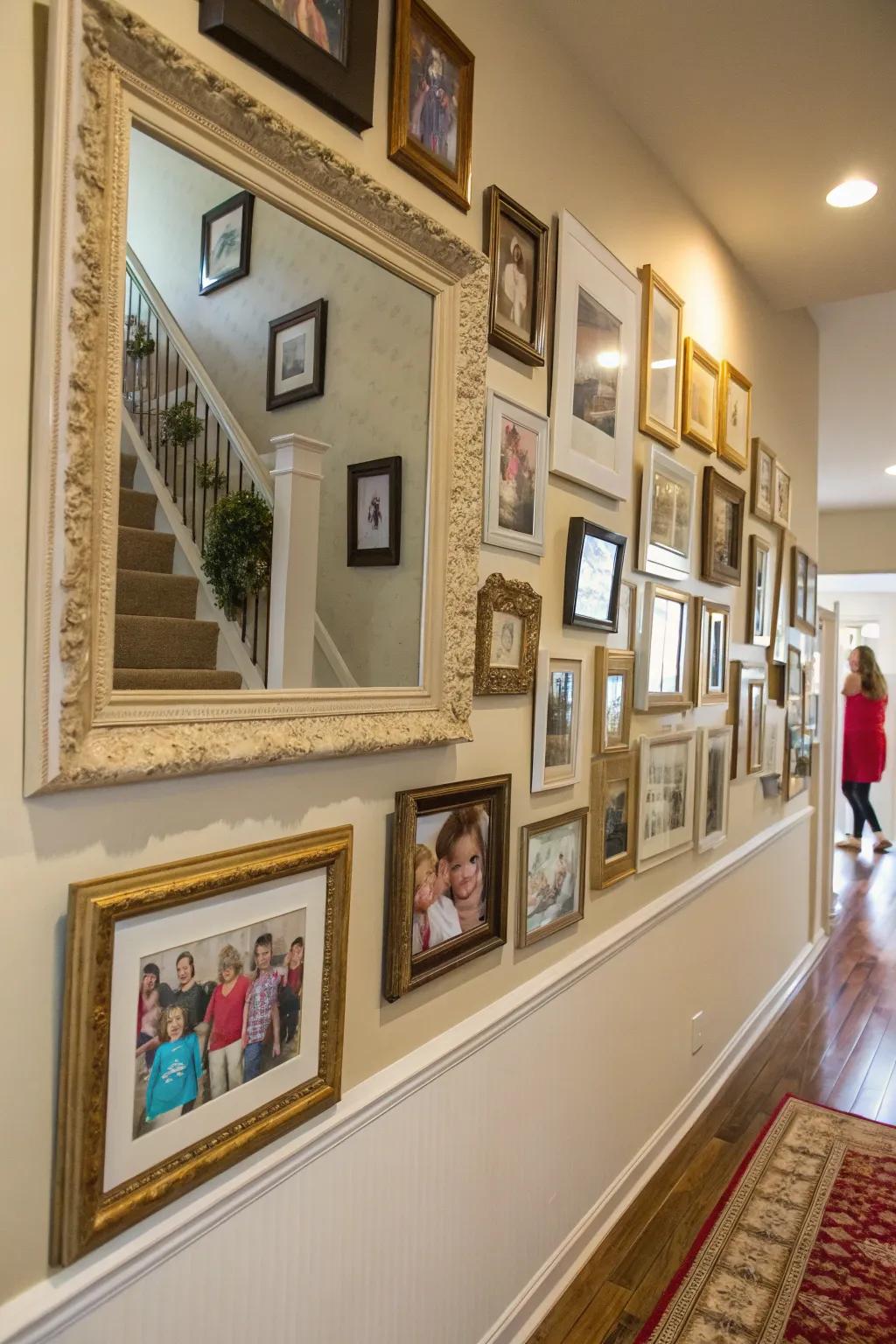 Reflectors introducing depth to a family photo wall.
