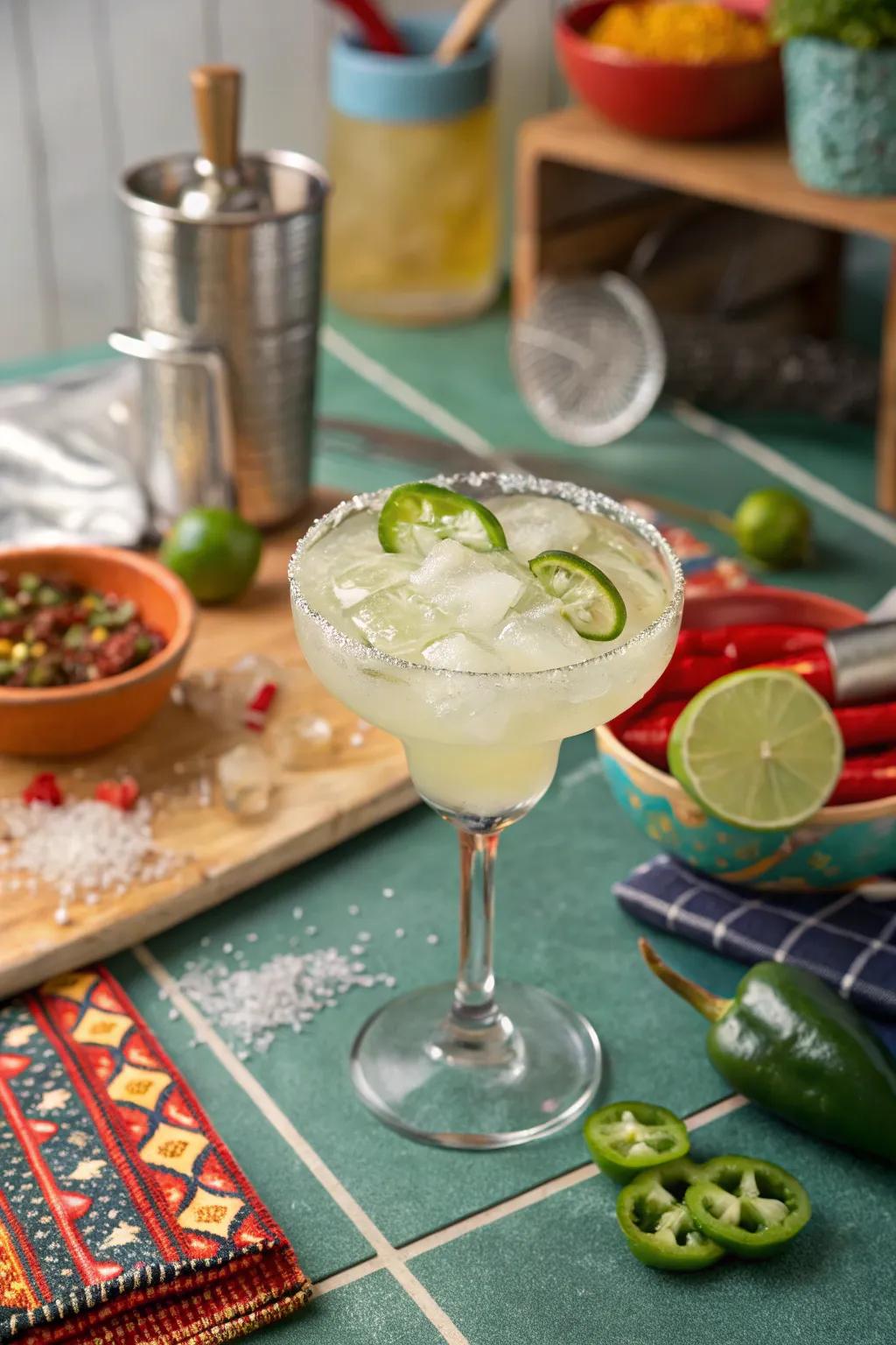 Jalapeño ice pieces for a spicy twist.