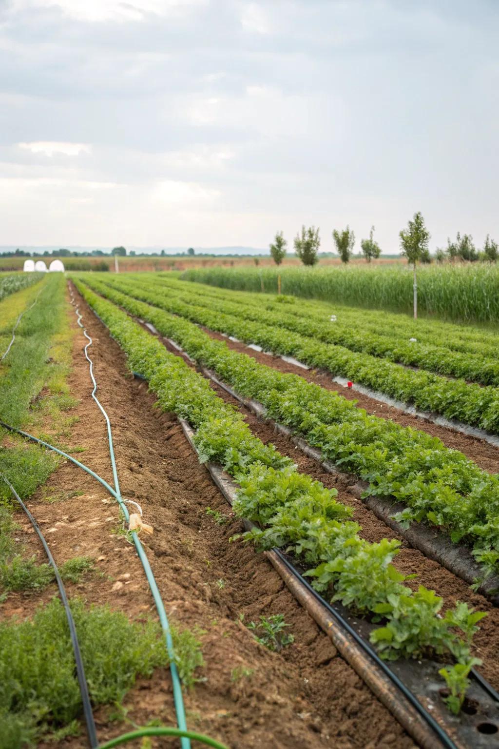 A drip irrigation system ensures water efficiency and healthy plant growth.