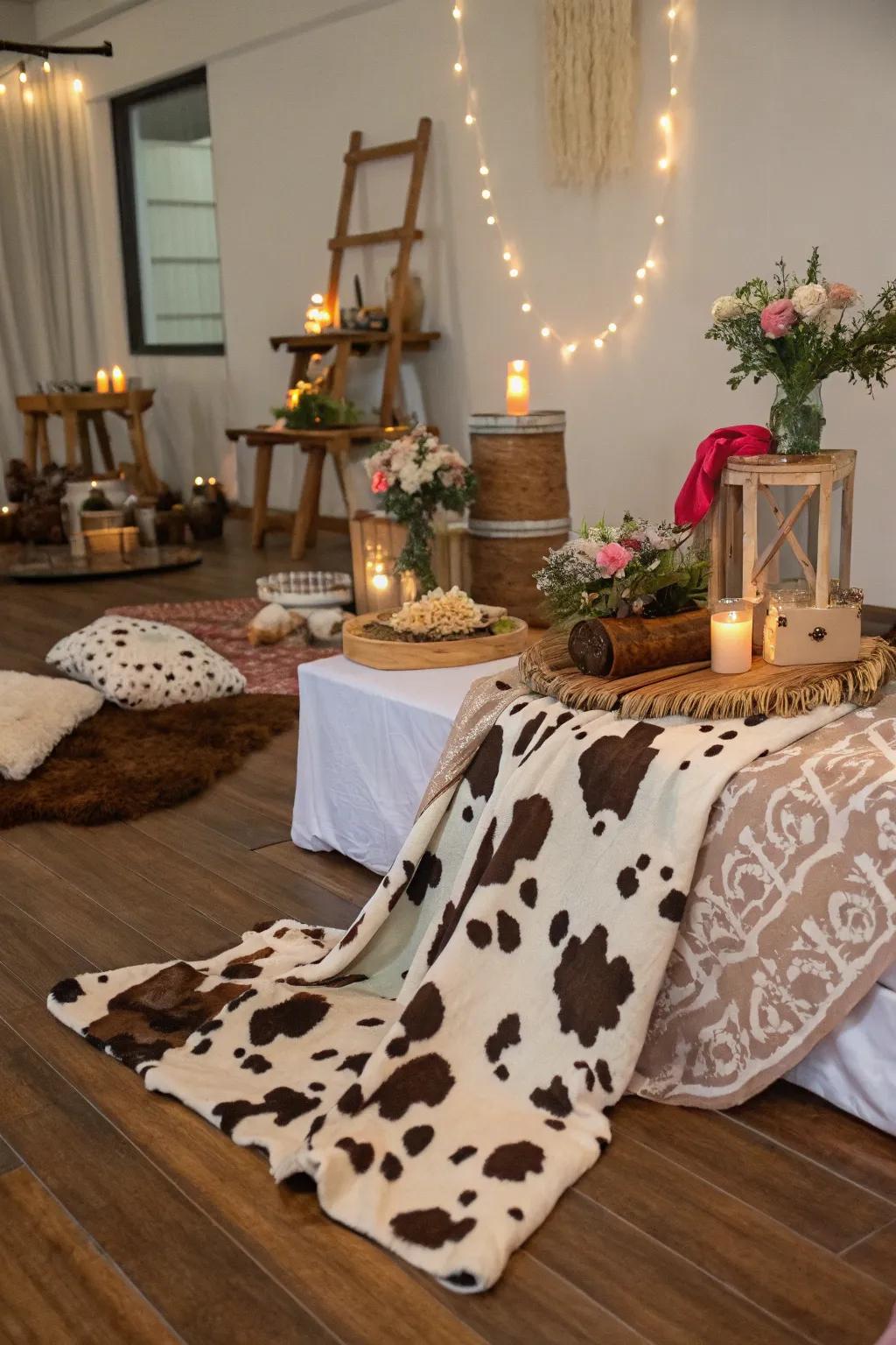 Bovine hide pattern decorations add a stylish and thematic element to the party.