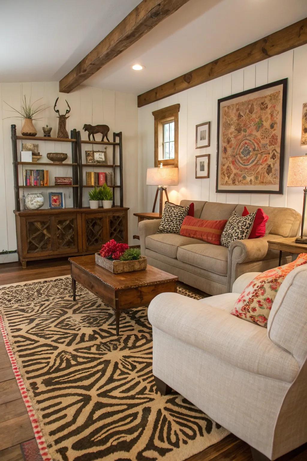 Animal-inspired rugs add a playful and unexpected touch to farmhouse décor.