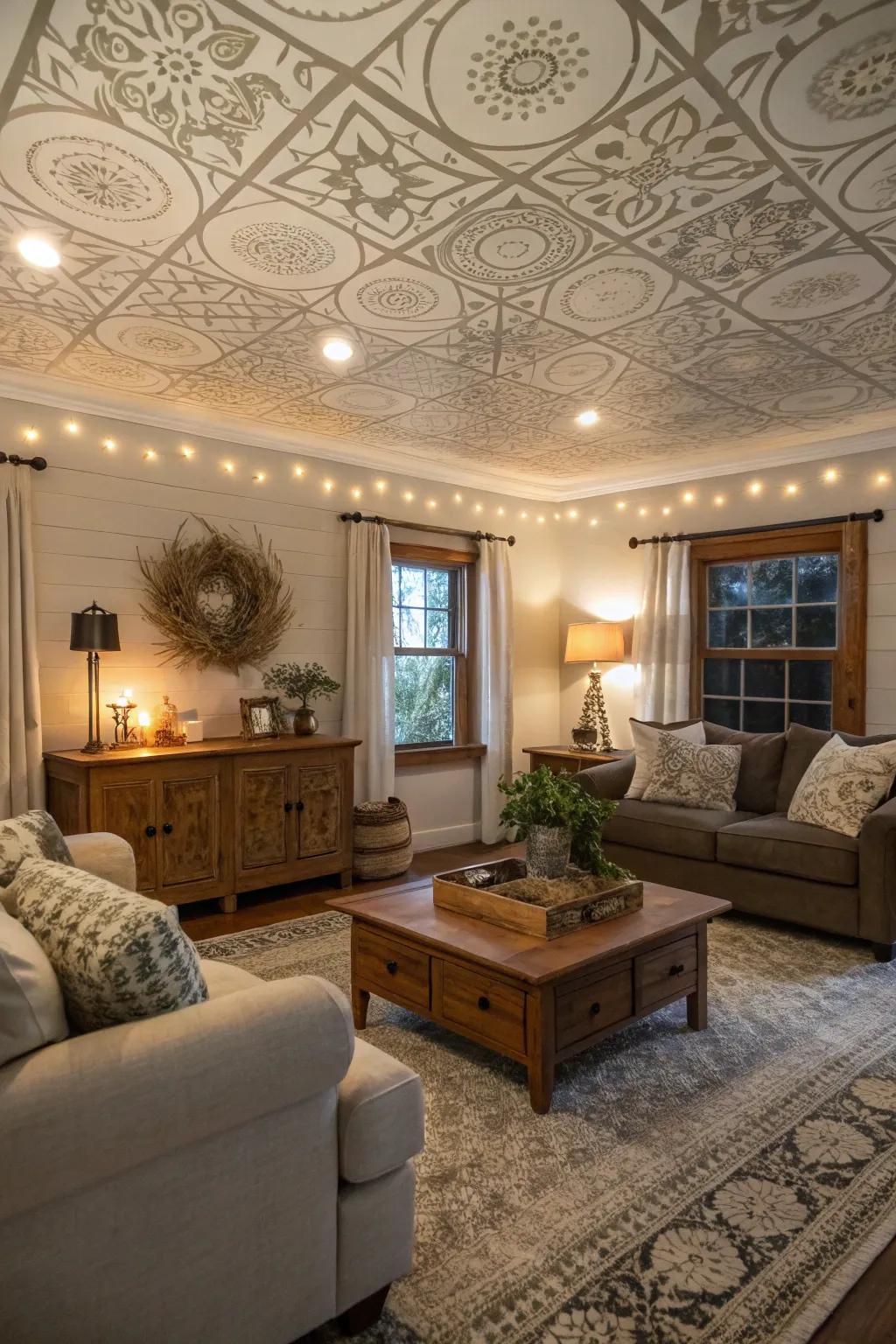 Patterned designs add artistic flair to this farmhouse sitting room ceiling.