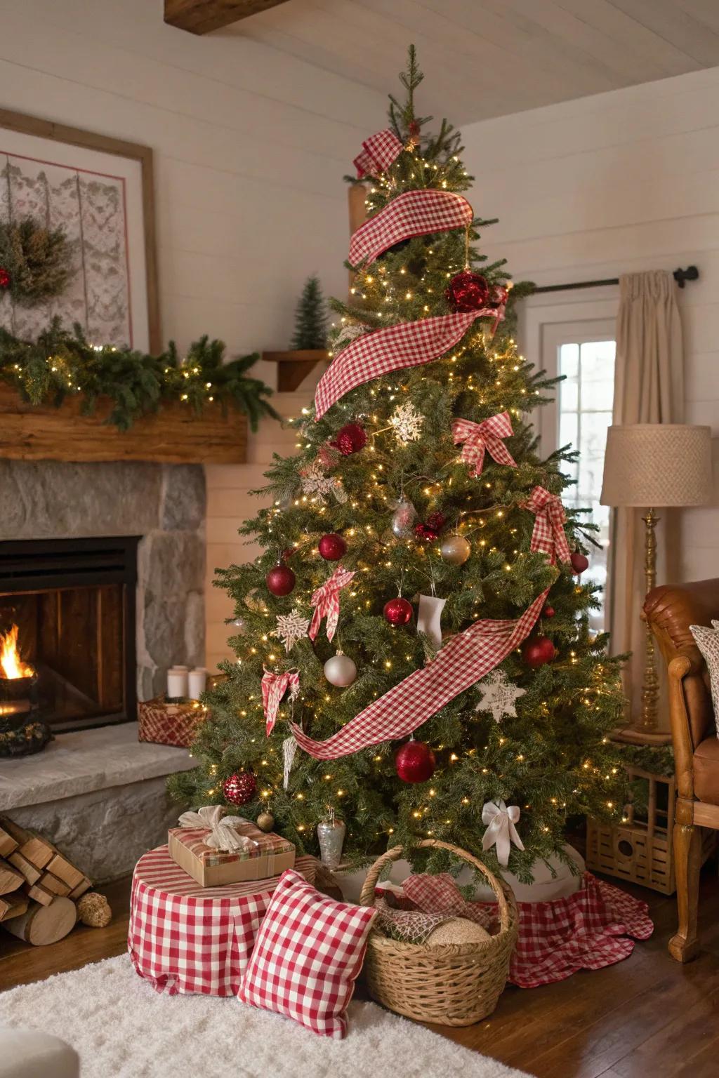Textile wraps contribute layers of appeal and warmth to this Christmas tree.