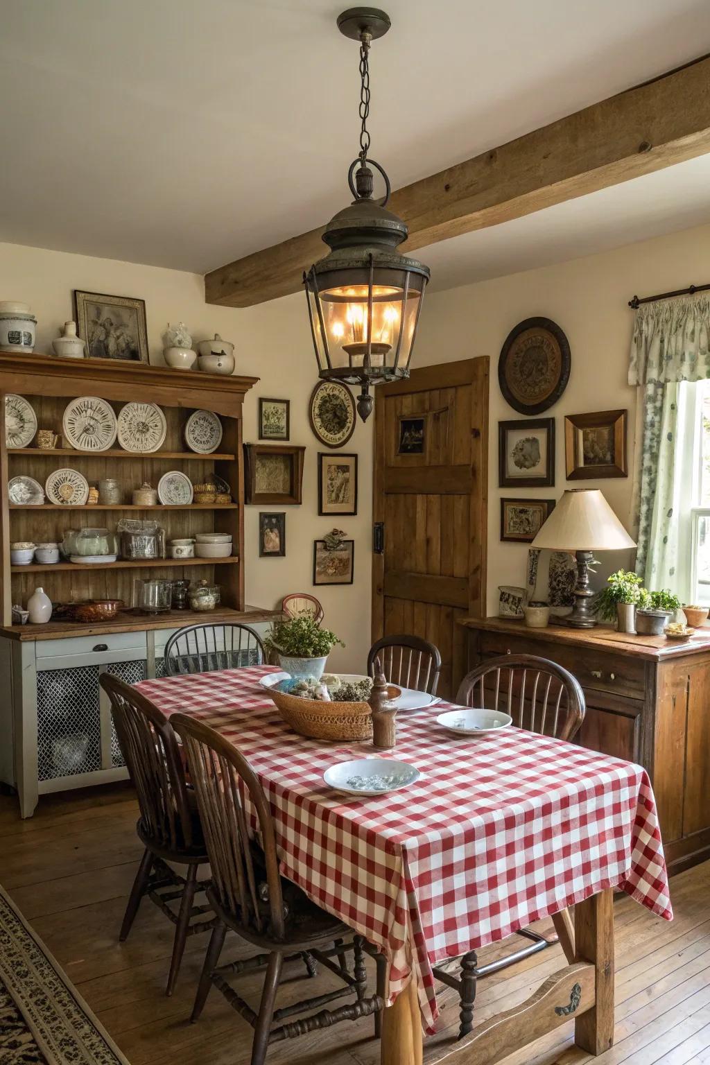 Vintage decor infuses history and distinction to this charming farmhouse dining space.
