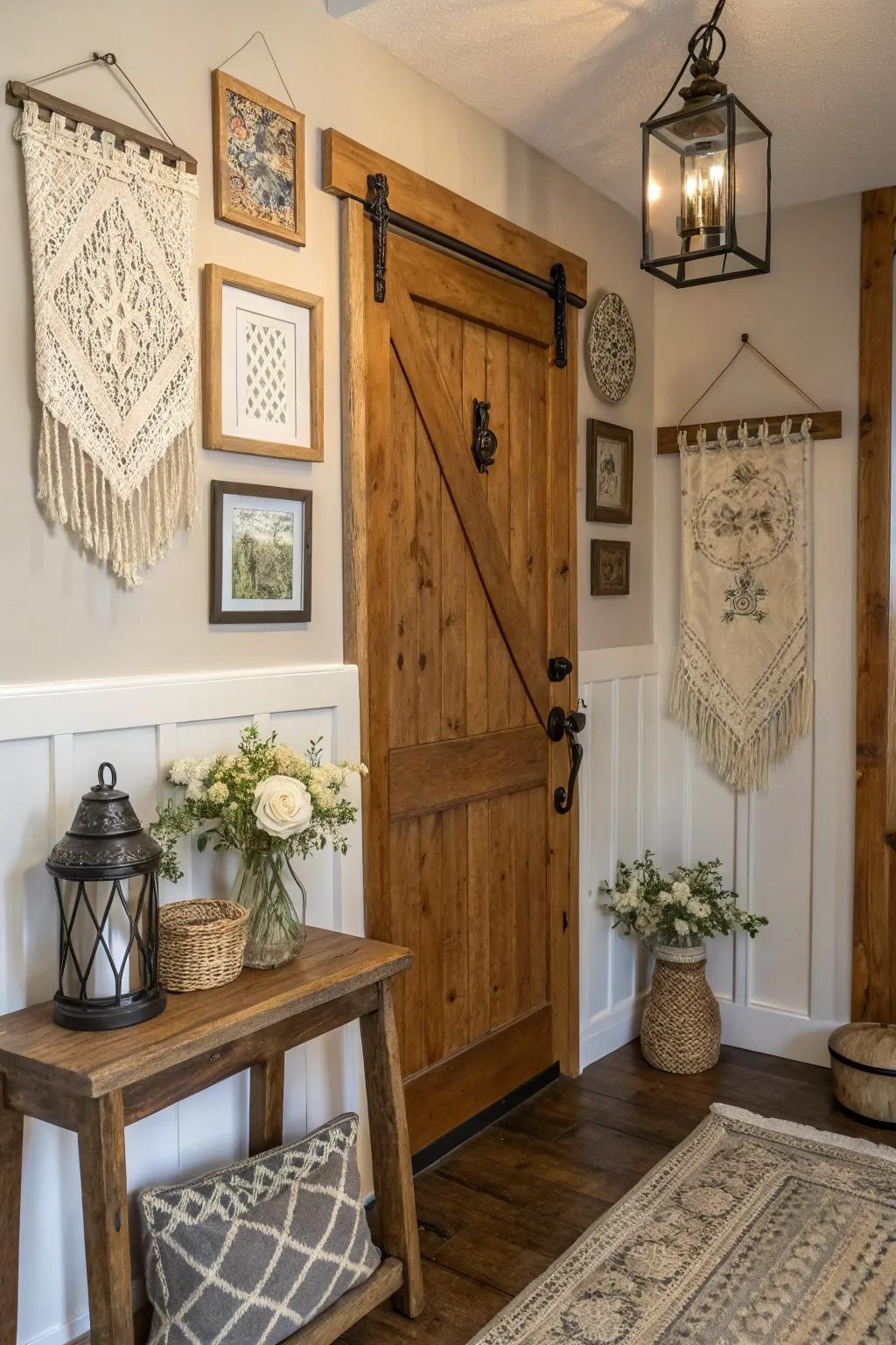 A farmhouse entryway personalized with rustic wall art.