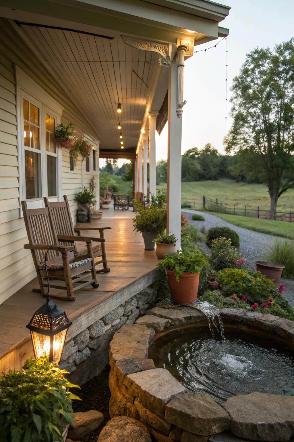A water feature elevates the porch's sense of tranquility.