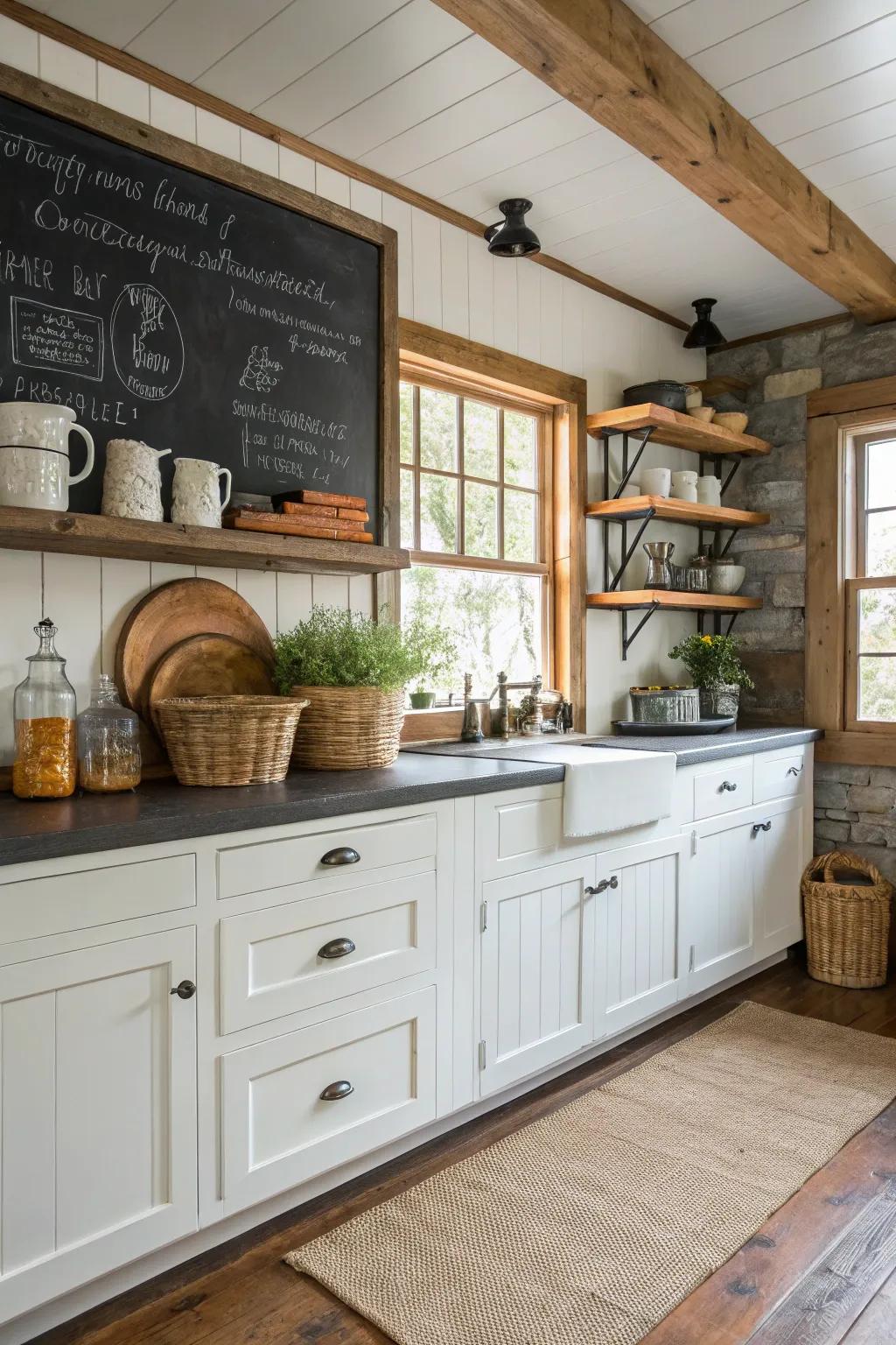 A writing board covering adds a creative and functional element to this farmhouse kitchen.
