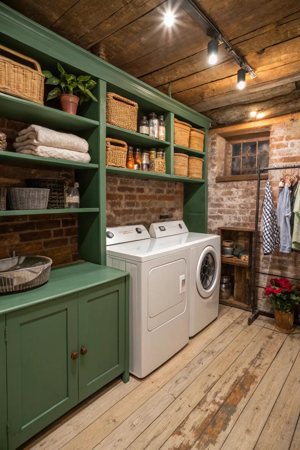 Colored shelving provides a splash of color and personality in this farmhouse laundry room.