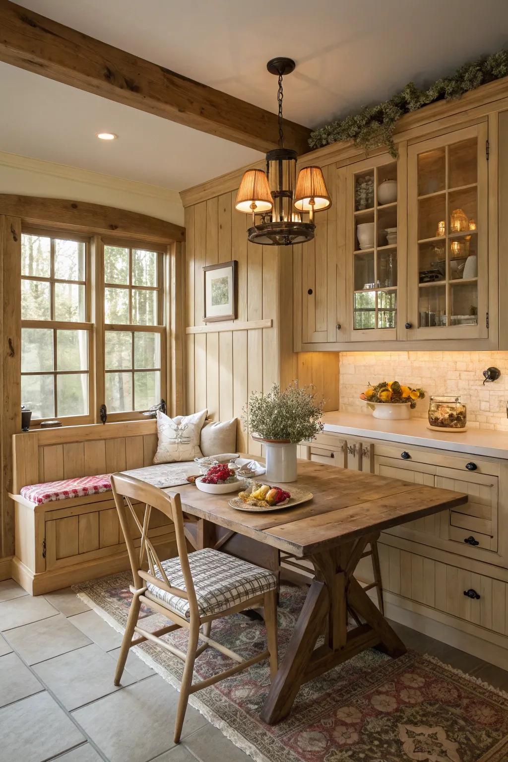 A comfortable morning meal edge includes coziness to a cooking area with pale timber fittings.