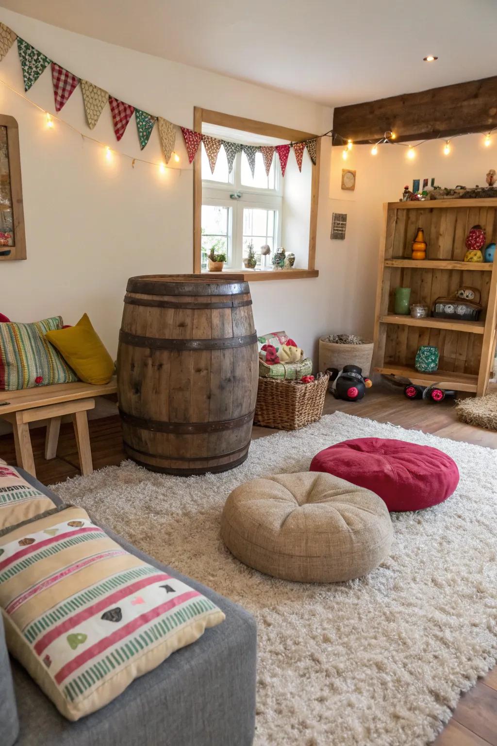 Unexpected seating introduces a playful touch to this farmhouse living area.
