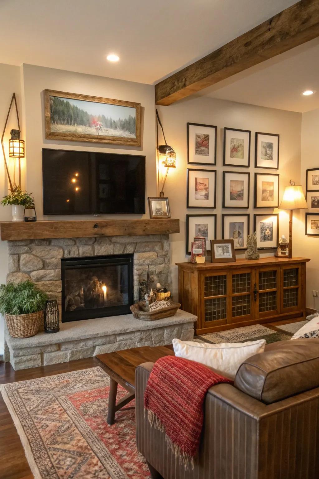 A farmhouse parlor with a TV above the mantel, beautifully accented by a picture exhibit.
