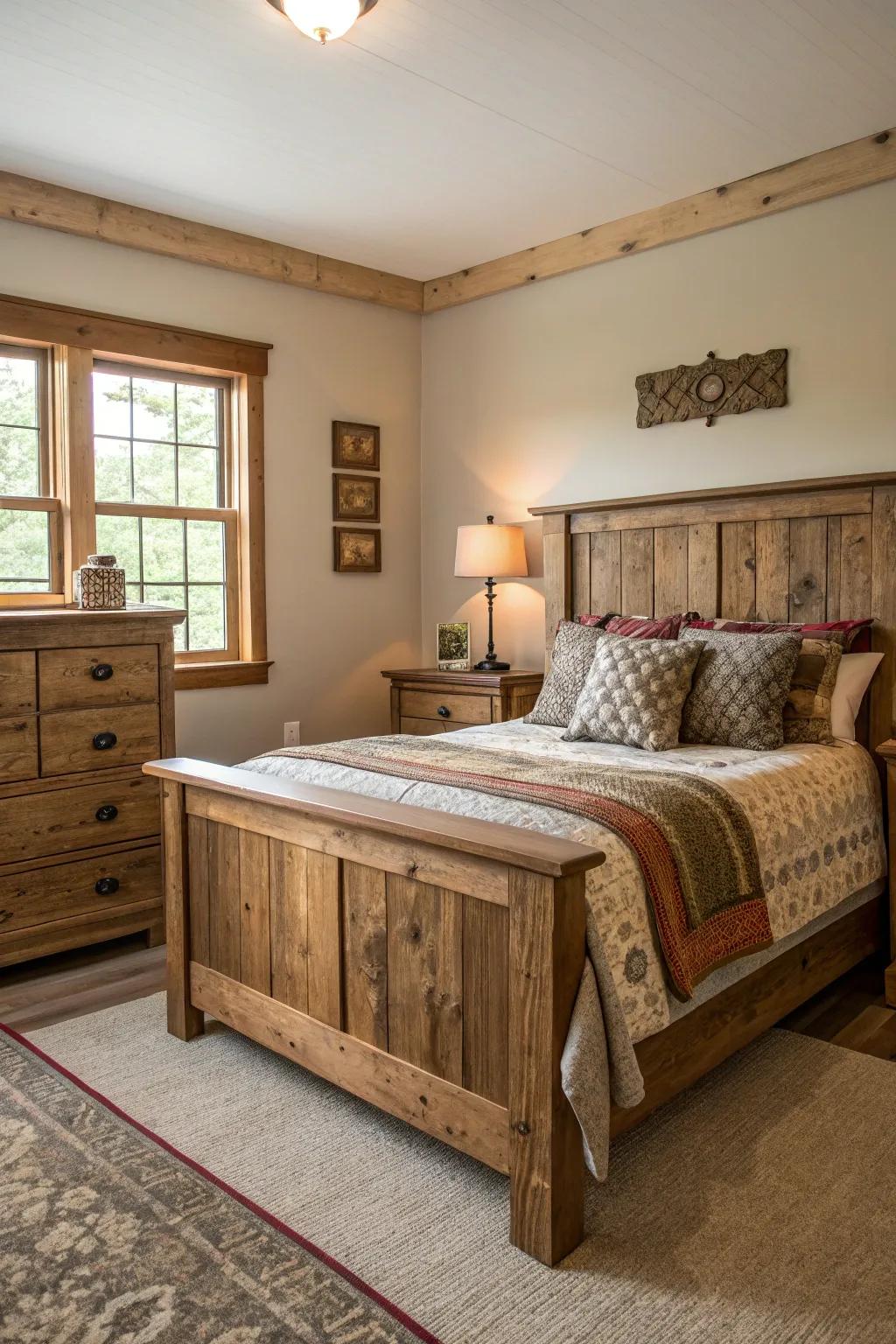 Repurposed timber furniture contributes personality and sustainability.