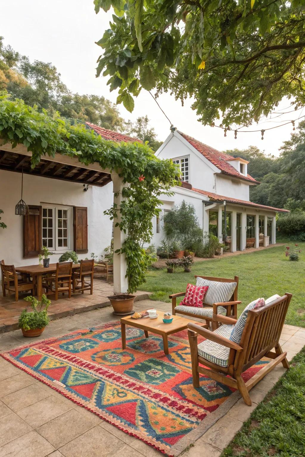 A patterned outdoor rug adds warmth and style to the patio.