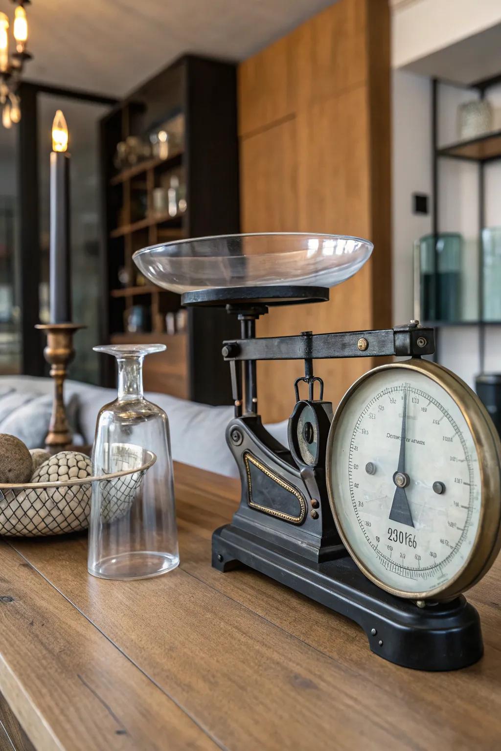 A modern twist with mixed materials near a retro scale.