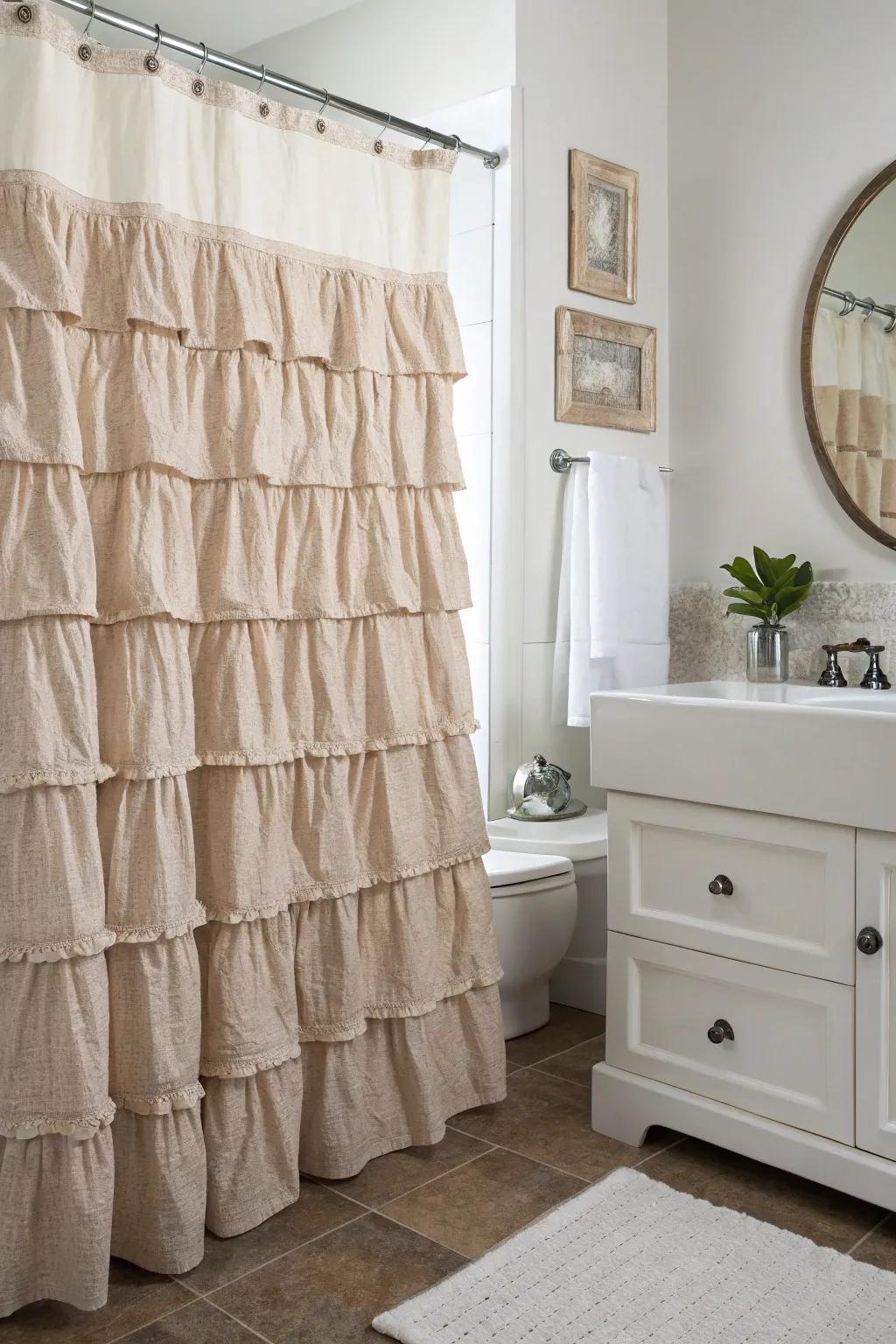 A bathroom with a shower curtain featuring charming rustic gathering.